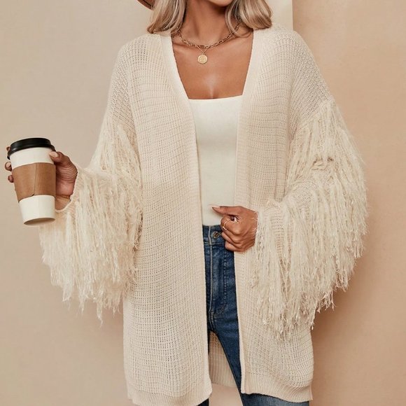 Apricot Casual Womens Fringe Trim Drop Shoulder Open Front Cardigan - Picture 4 of 5